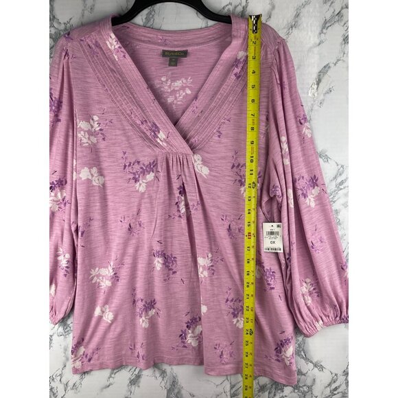 Style & Co. Womens Size OX Millie Pink Knit Top Floral V-Neck 3/4 Sleeve - Picture 3 of 9